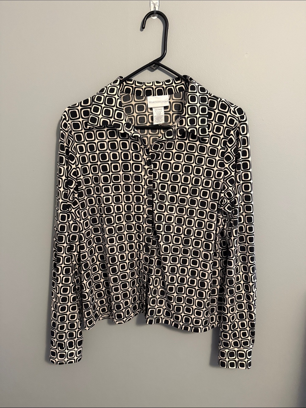 Worthington Black and White Square-Print Button Down Shirt